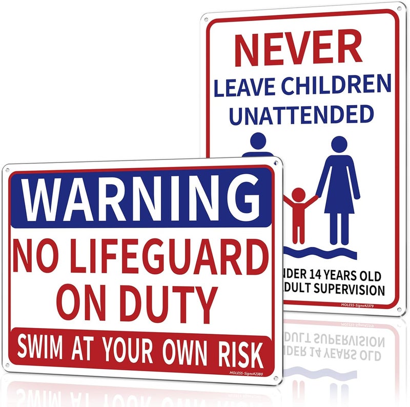 MOLESS 2 Pack Pool Safety Signs Bundle – 14x10 Inch Pool Signs for Outside Outdoor Decor, No Lifeguard on Duty & Child Supervision, Durable 0.040 Aluminum Weatherproof, Easy to Mount, PSP-2302 - Image 1